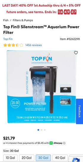 5262298 Top Fin Silenstream Aquarium Powerfilter With 6 Refill Filters For 30 Gallon